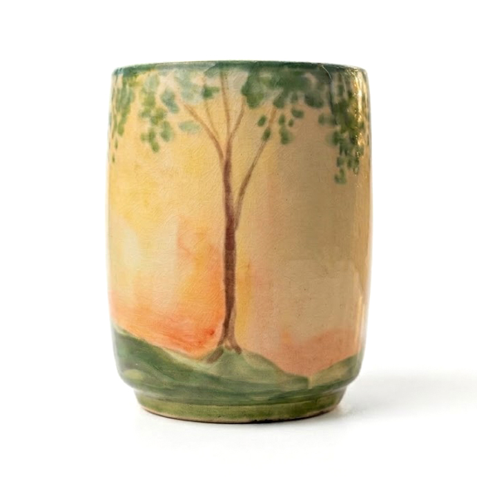 Handmade vase with painted sunset tree landscape