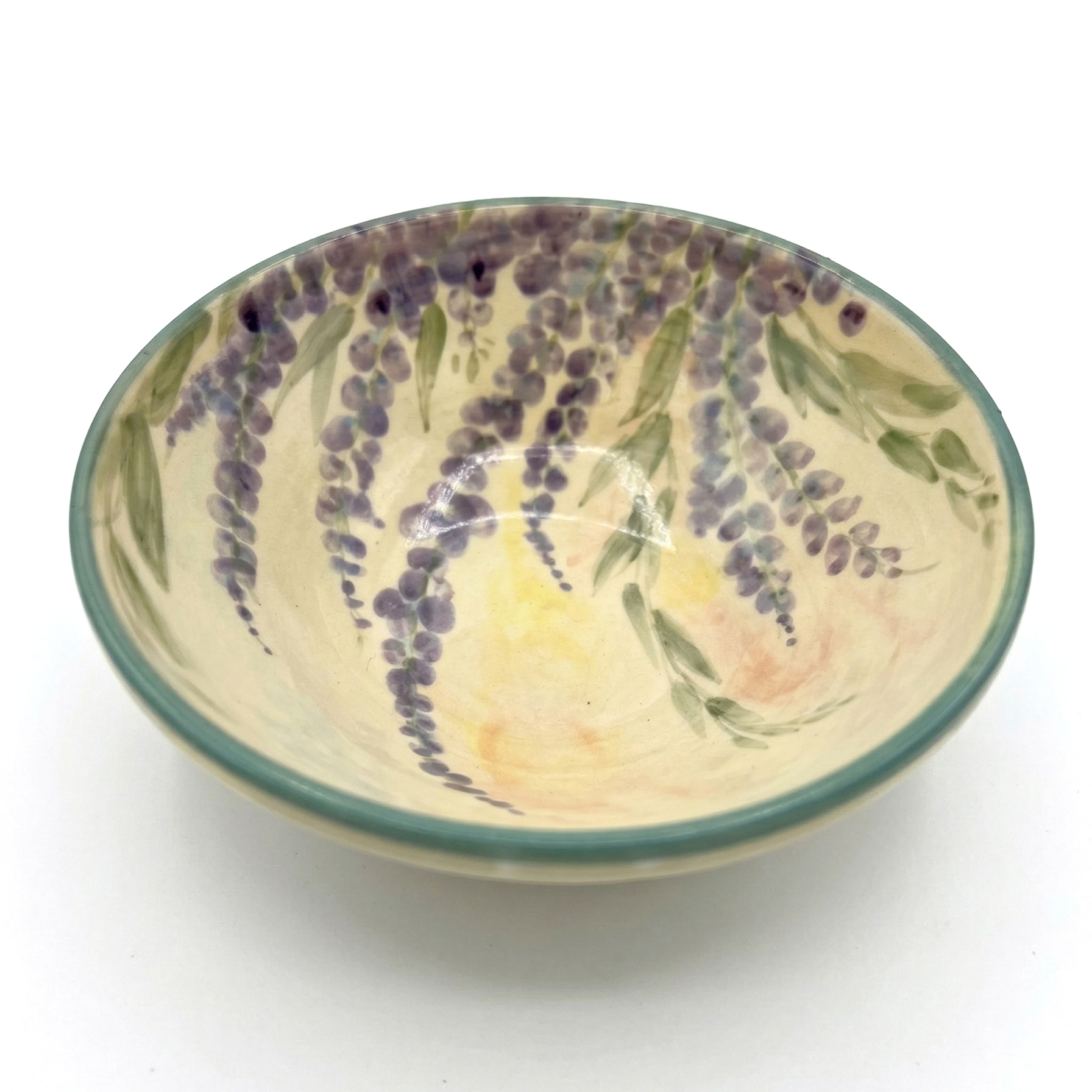 Handmade bowl with cascading purple wisteria